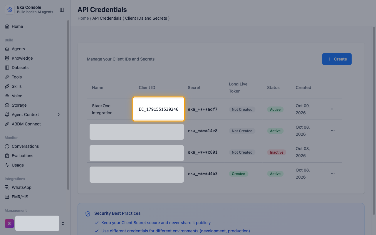 The API Credentials list with the Client ID of the new credential highlighted