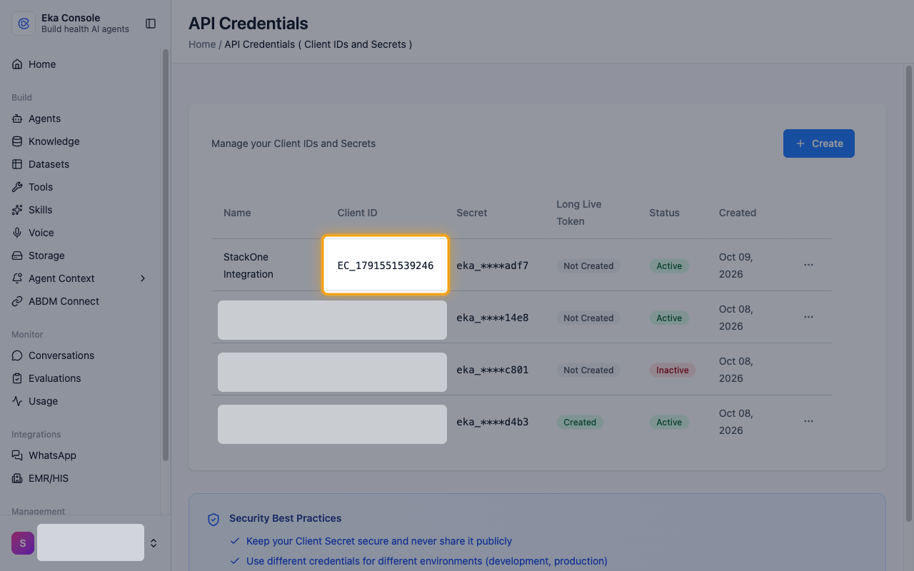 The API Credentials list with the Client ID of the new credential highlighted