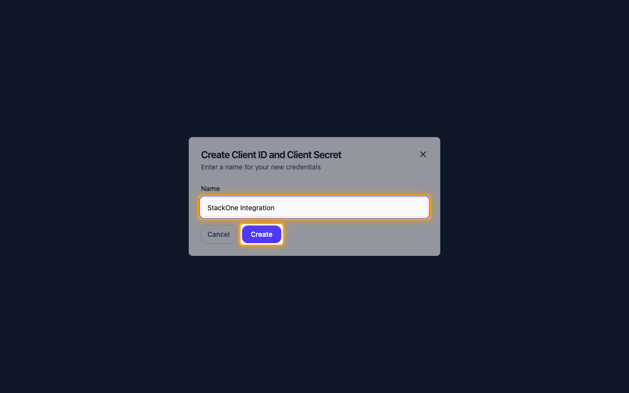 The Create Client ID and Client Secret form with the Name field and Create button highlighted