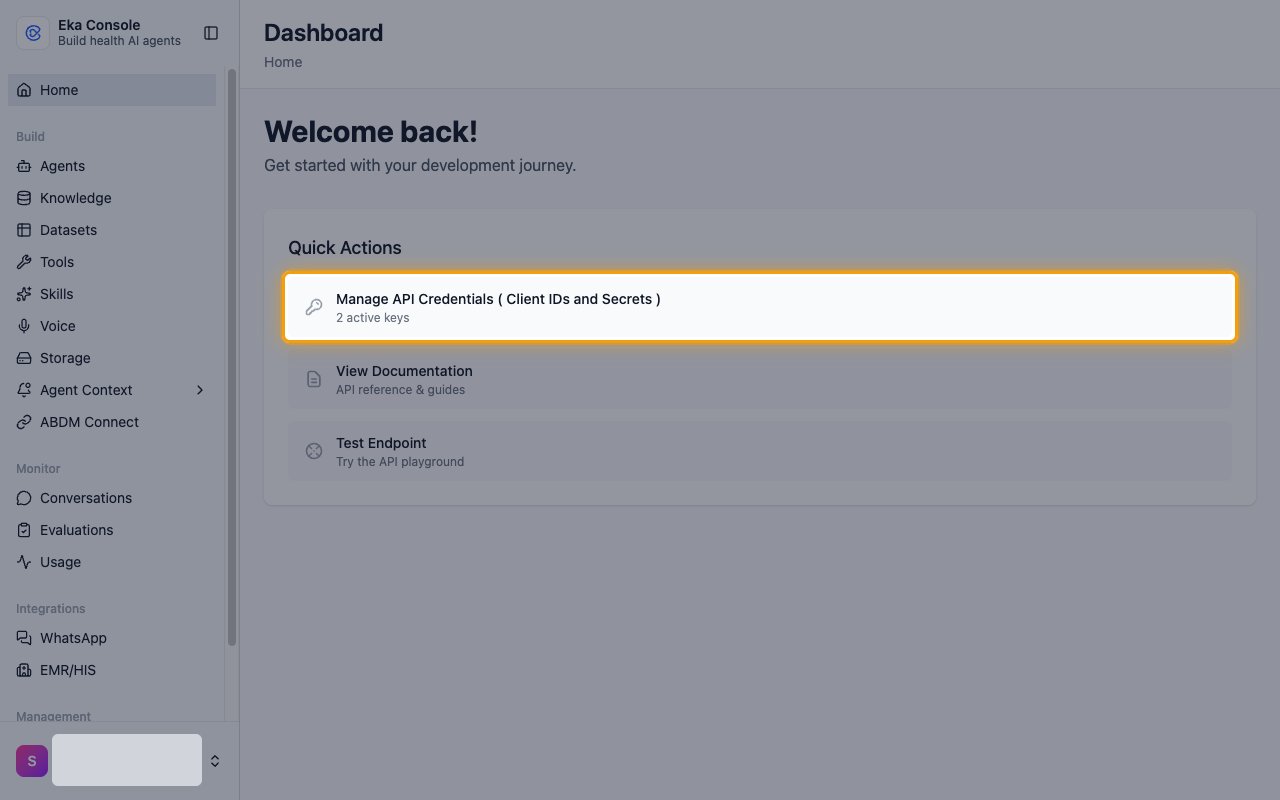 The Eka Console dashboard with Manage API Credentials highlighted under Quick Actions