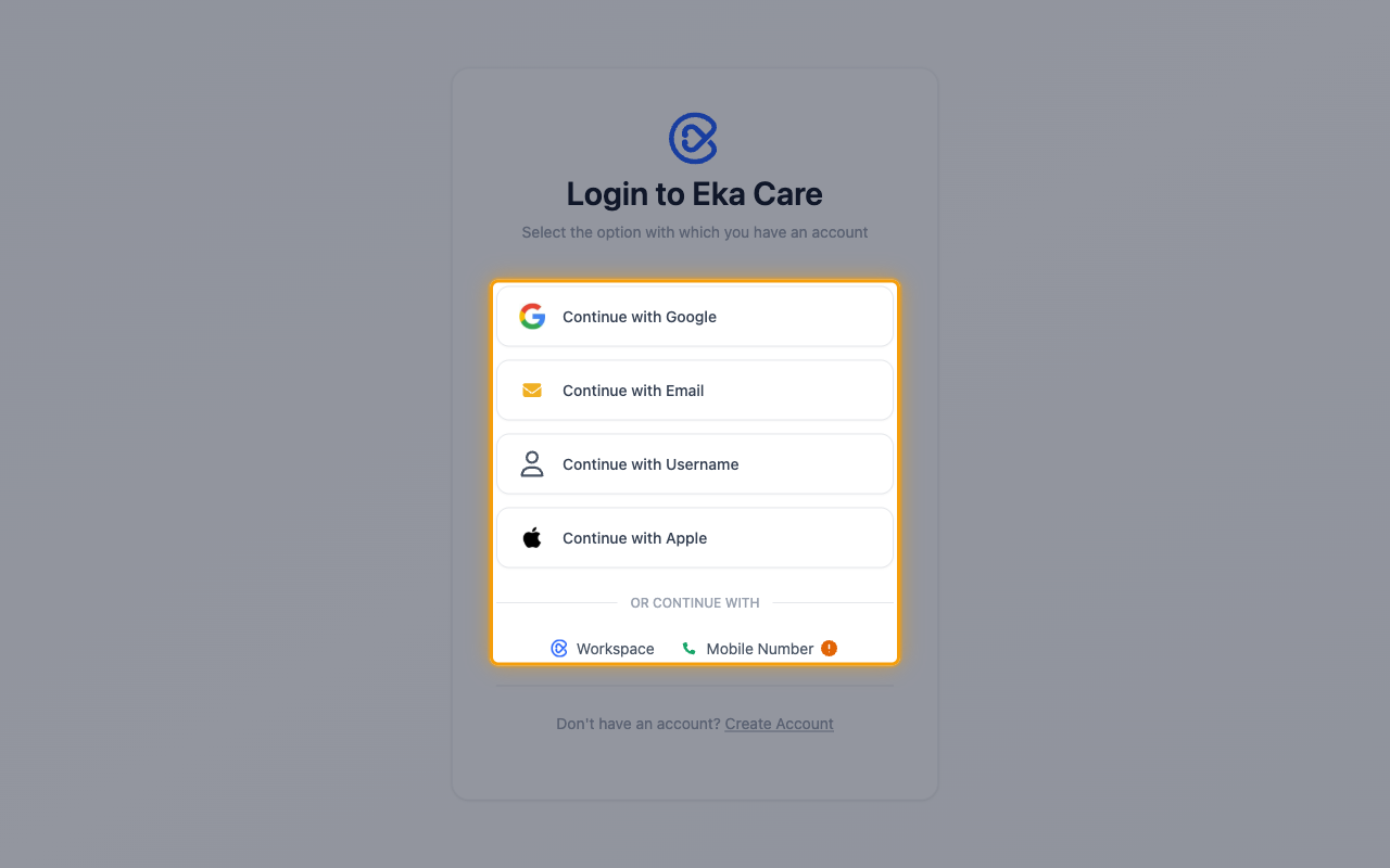 The Login to Eka Care page with the sign-in options highlighted