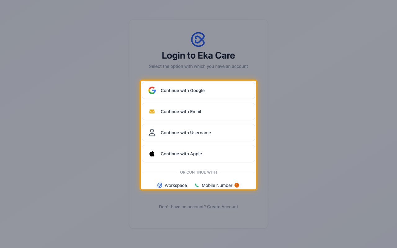 The Login to Eka Care page with the sign-in options highlighted