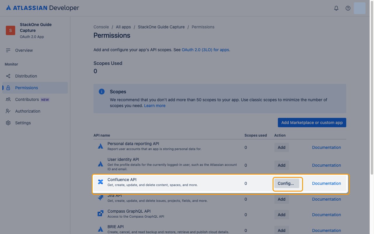 The Permissions page with the Confluence API row and its Configure button highlighted