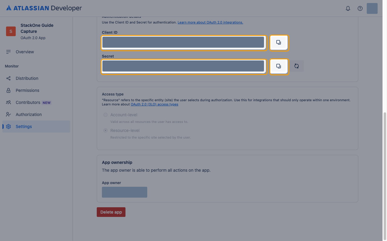 The Settings page Authentication details section with the Client ID and Secret fields and their copy buttons highlighted