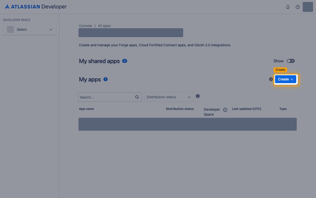 The My apps page in the Atlassian Developer Console with the Create button highlighted