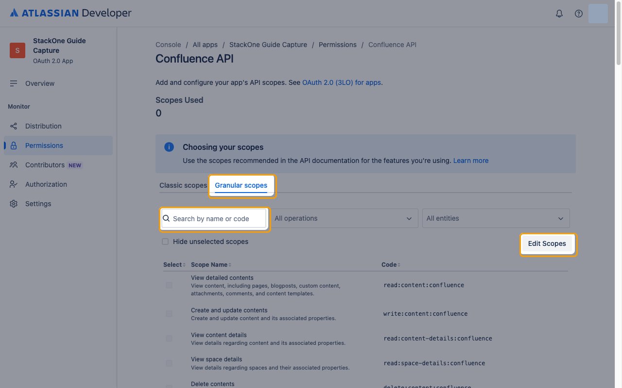 The Confluence API scopes screen with the Granular scopes tab, the search box and the Edit Scopes button highlighted