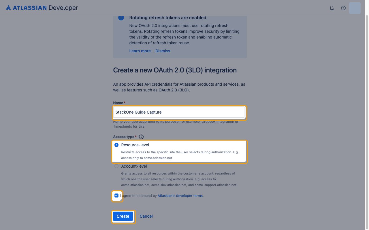 The Create a new OAuth 2.0 (3LO) integration form with Name, Access type, terms checkbox and Create button highlighted