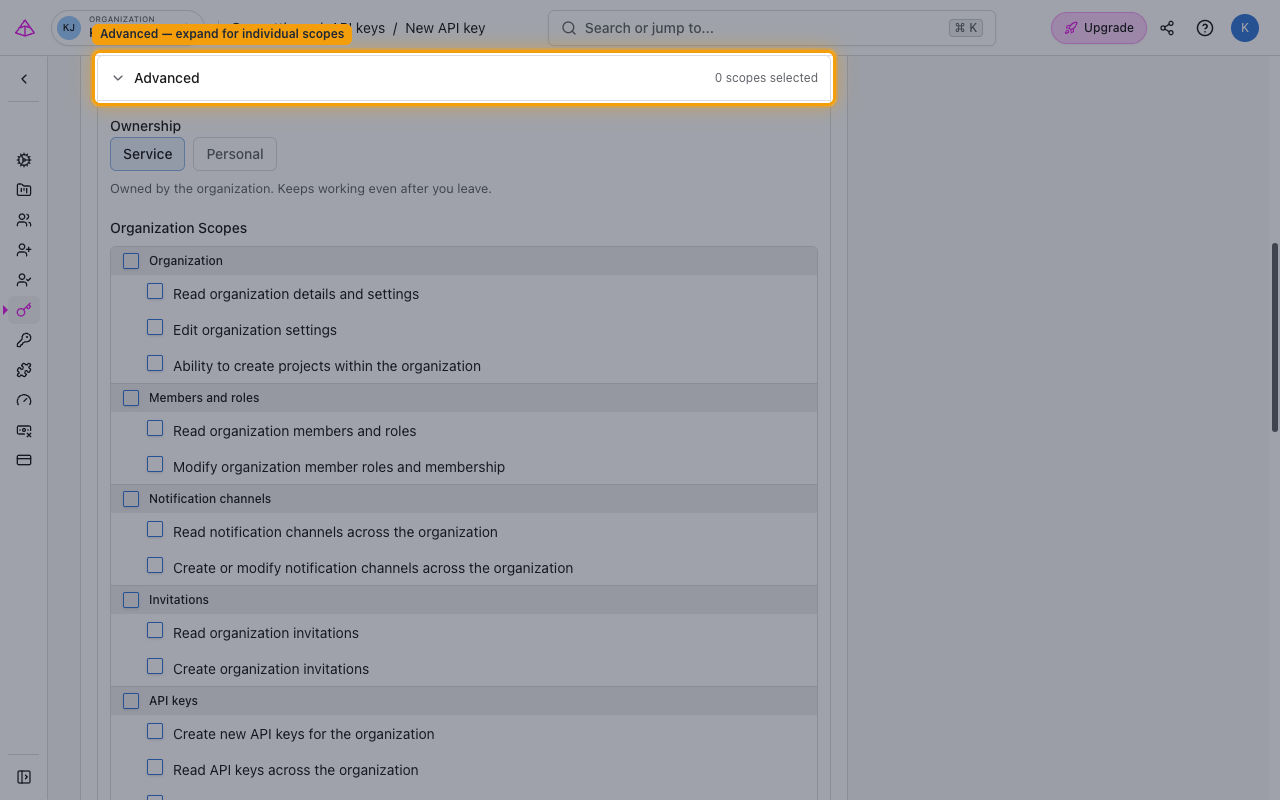 Advanced section expanded on the New API key form showing individual Organization and Project scope checkboxes