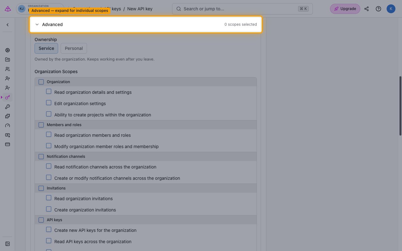 Advanced section expanded on the New API key form showing individual Organization and Project scope checkboxes