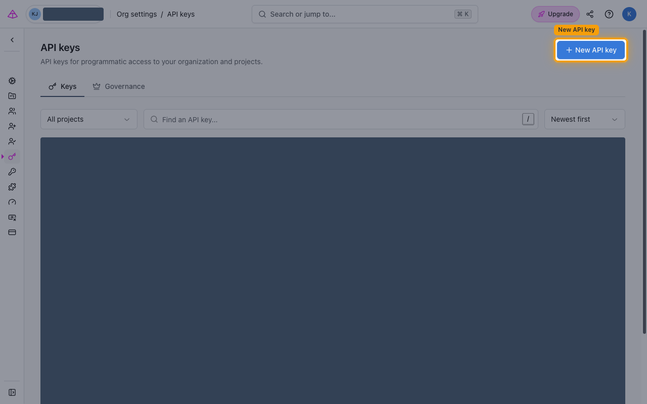 Logfire API keys page with the New API key button highlighted