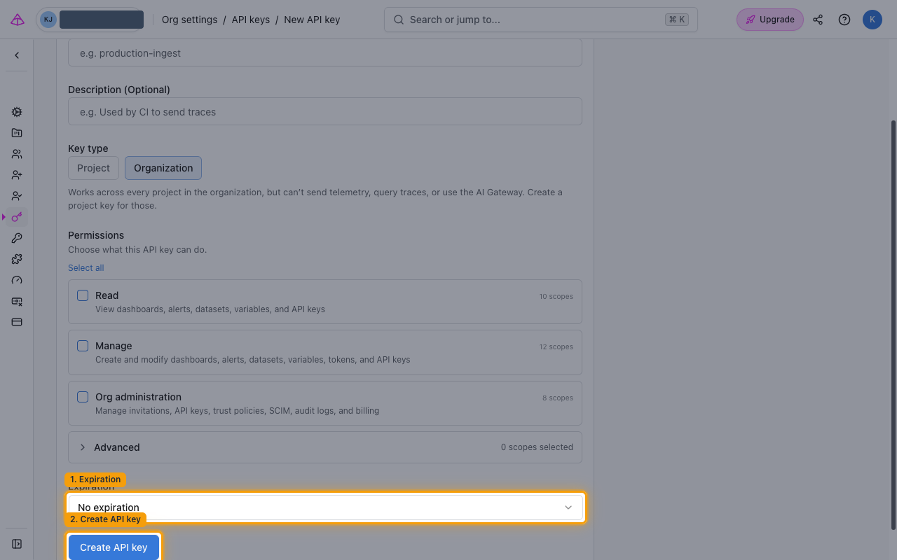 New API key form showing the Expiration field and the Create API key button highlighted