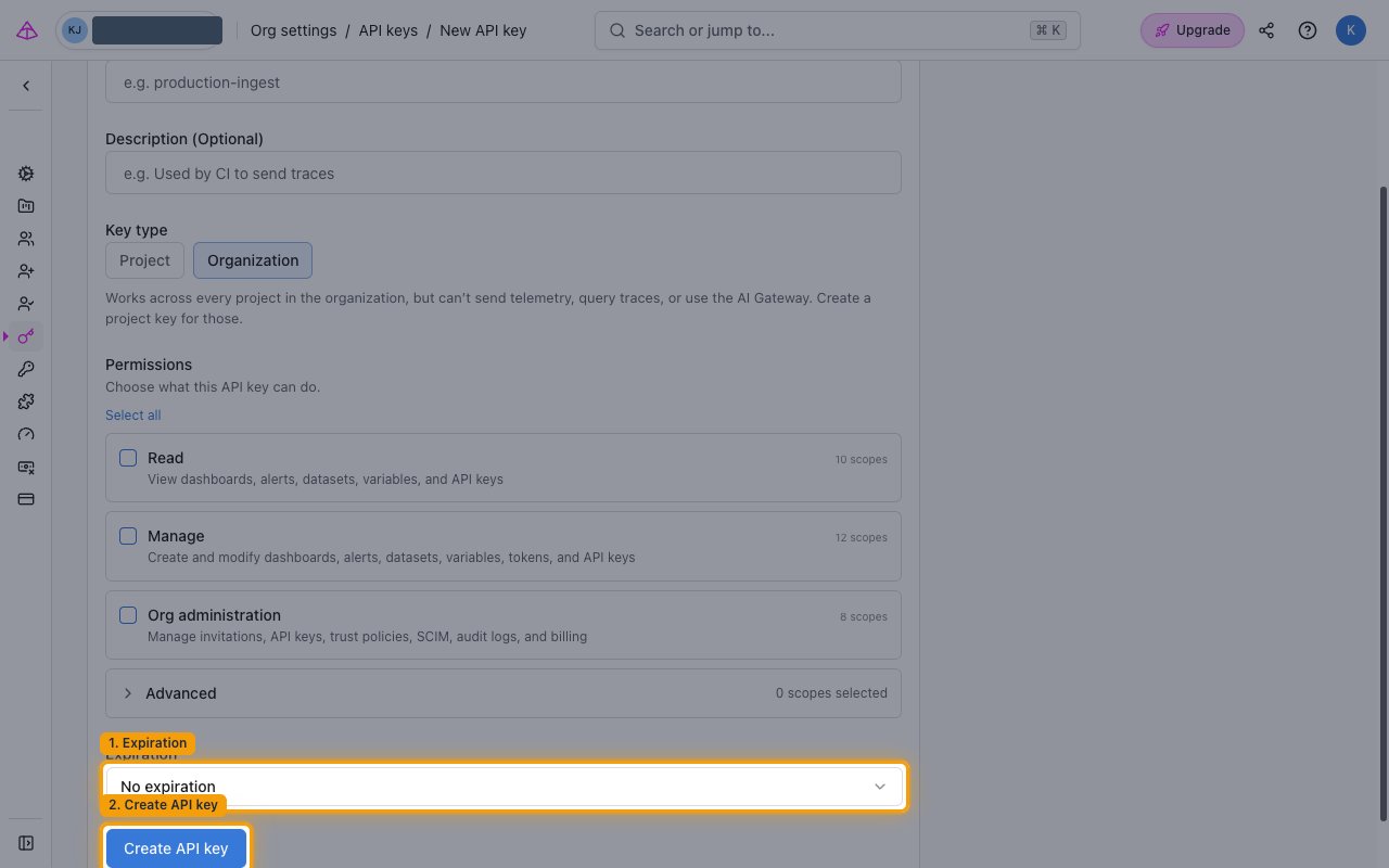 New API key form showing the Expiration field and the Create API key button highlighted
