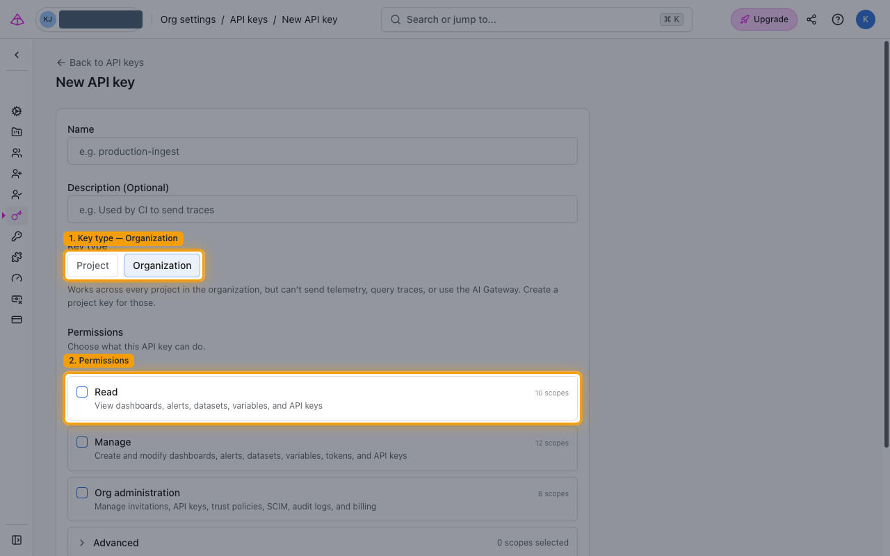 New API key form showing Key type set to Organization and the Read, Manage, and Org administration permission categories
