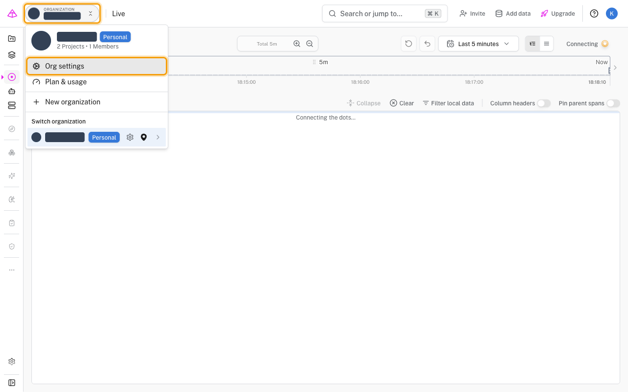 Logfire organization menu opened from the top-left header, with both the organization selector and the Org settings menu item highlighted
