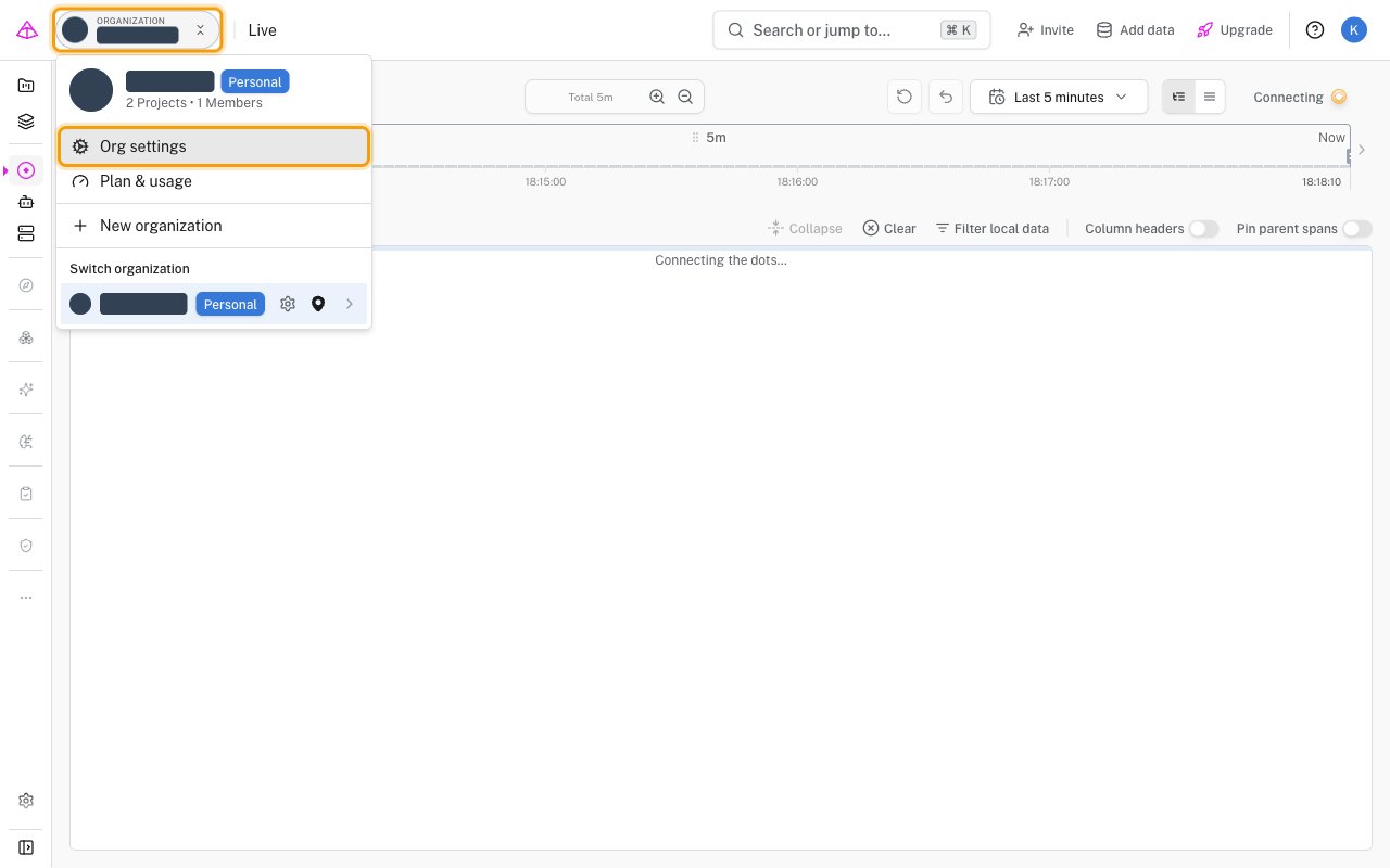 Logfire organization menu opened from the top-left header, with both the organization selector and the Org settings menu item highlighted