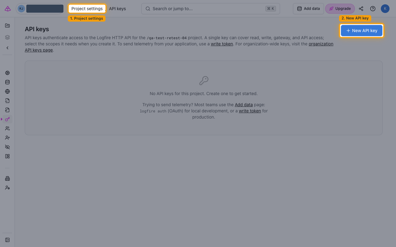 Logfire project settings API keys page with the New API key button highlighted