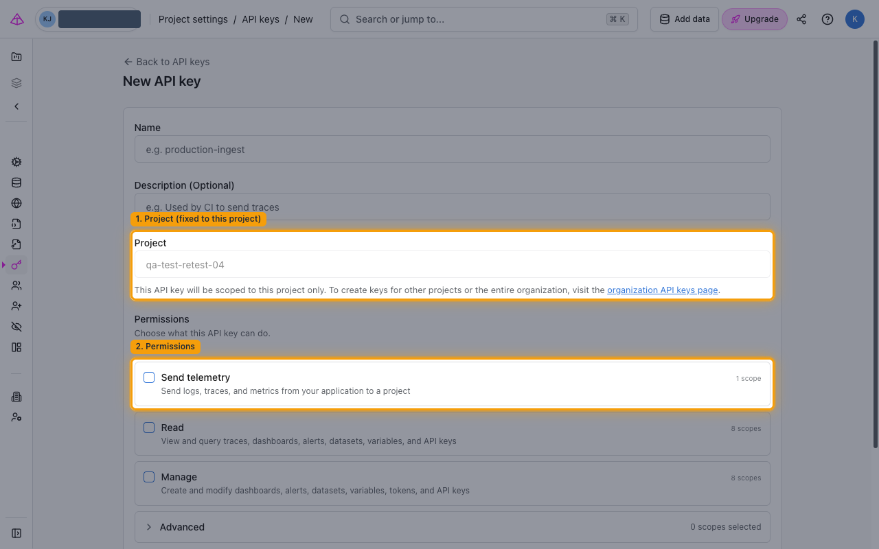 Project-scoped New API key form showing the fixed Project field and the permission categories