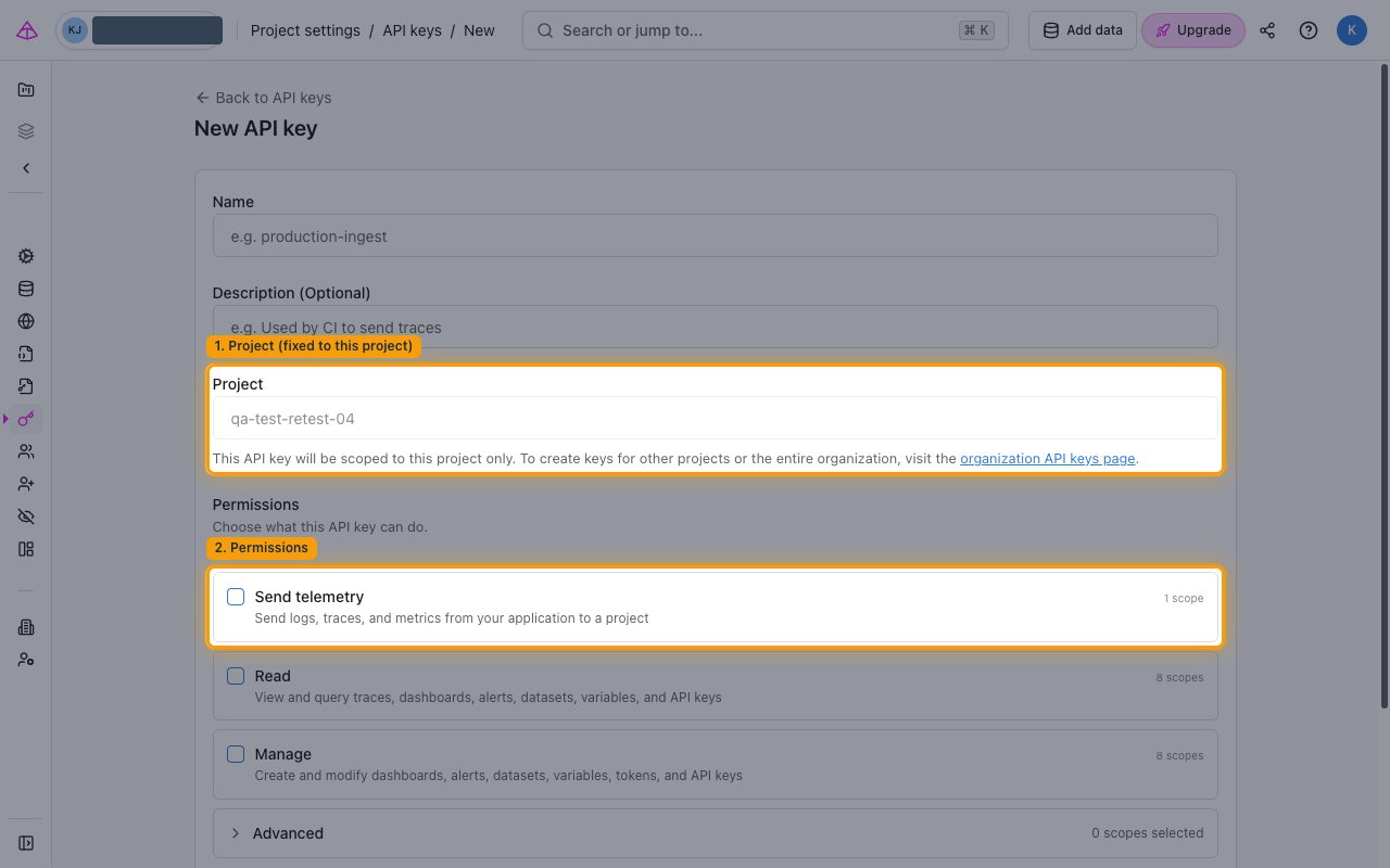 Project-scoped New API key form showing the fixed Project field and the permission categories
