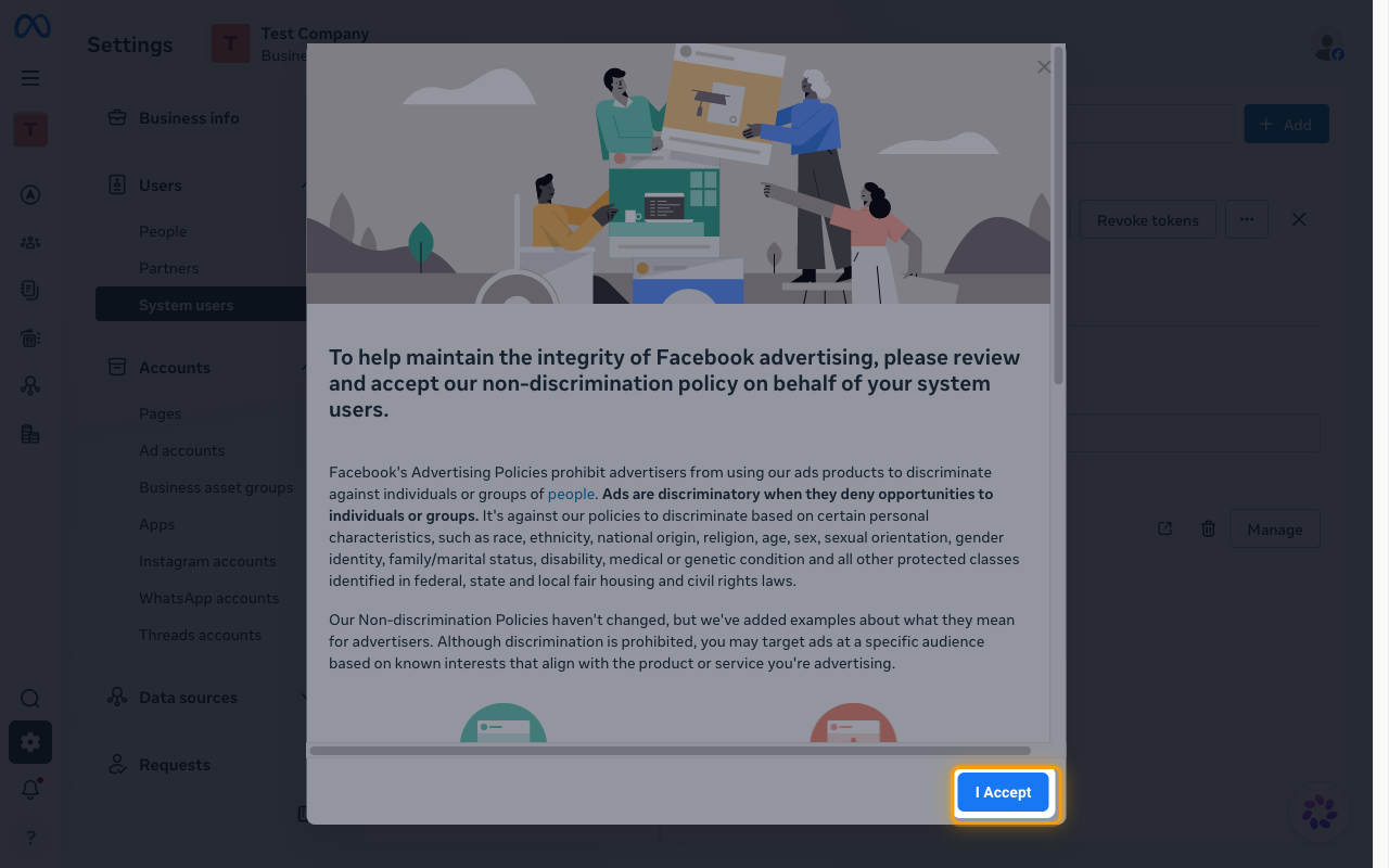 The non-discrimination policy dialog with the I Accept button highlighted