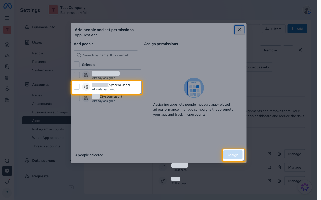 The Add people and set permissions dialog for the app with a system user row and the Assign button highlighted