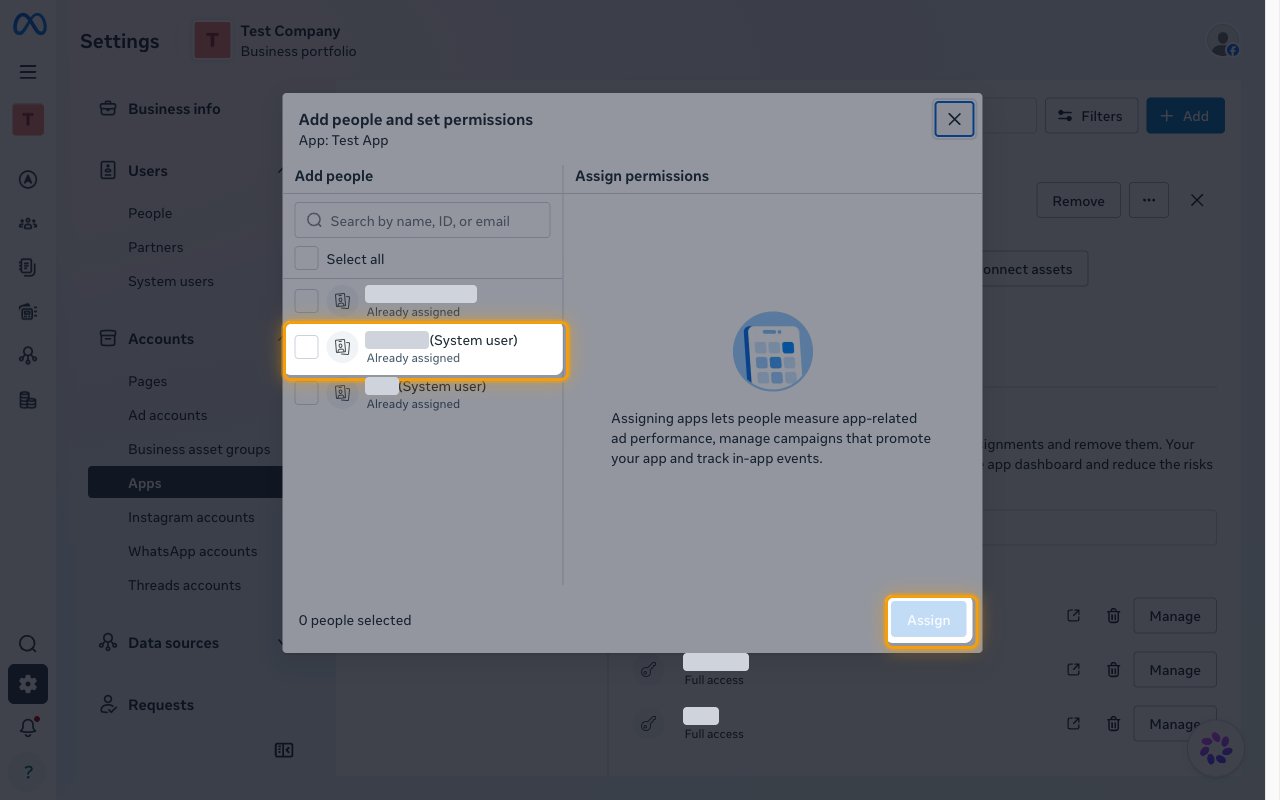 The Add people and set permissions dialog for the app with a system user row and the Assign button highlighted
