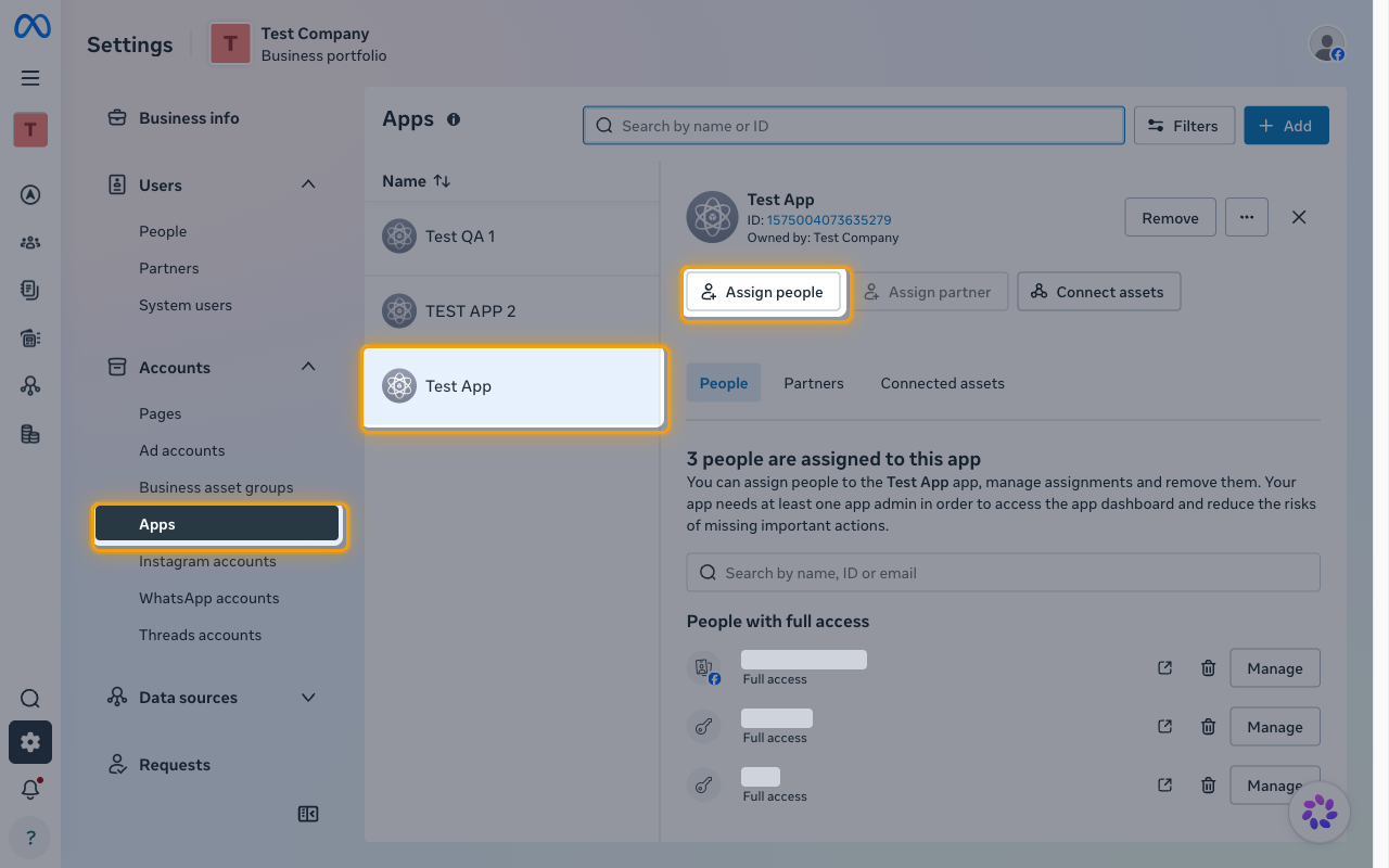 The Apps page in Business Settings with the Apps menu item, the selected app, and the Assign people button highlighted
