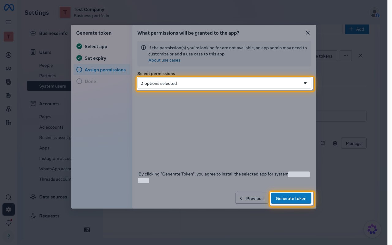 The Assign permissions step with three permissions selected and the Generate token button highlighted