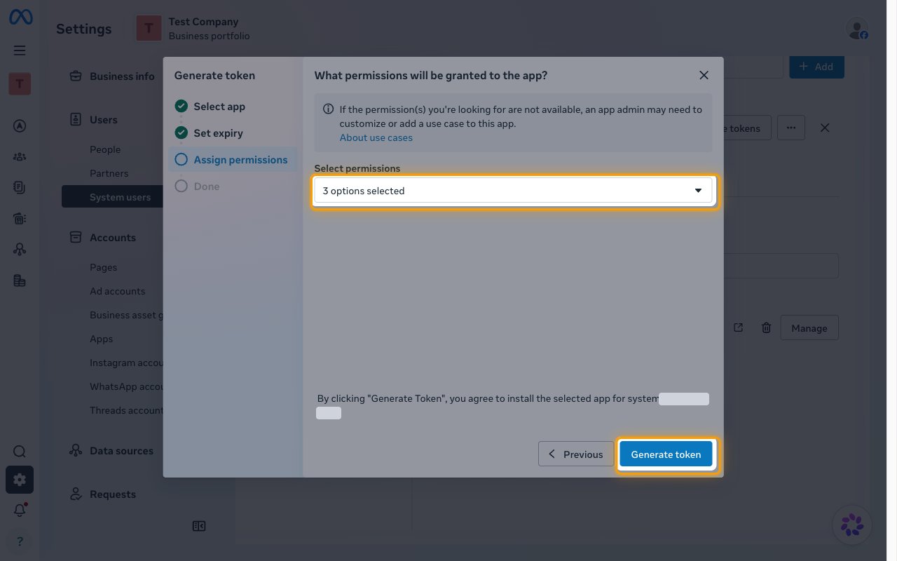 The Assign permissions step with three permissions selected and the Generate token button highlighted