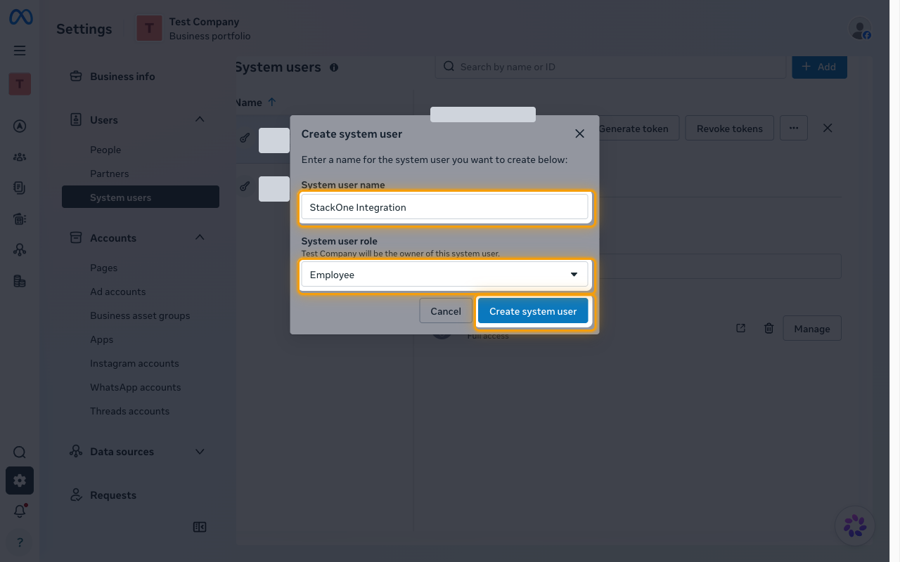 The Create system user dialog with the System user name, System user role, and Create system user controls highlighted