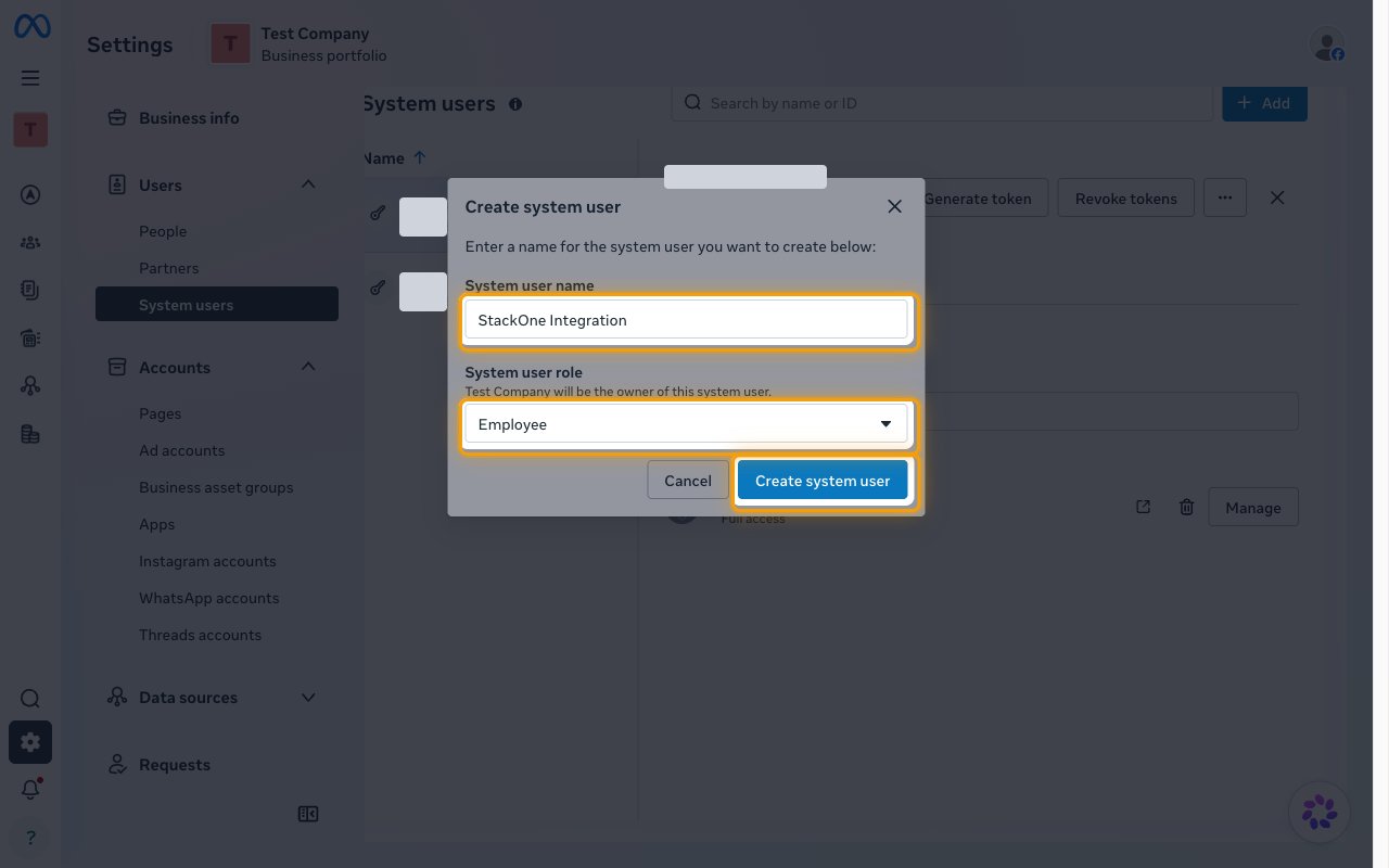 The Create system user dialog with the System user name, System user role, and Create system user controls highlighted