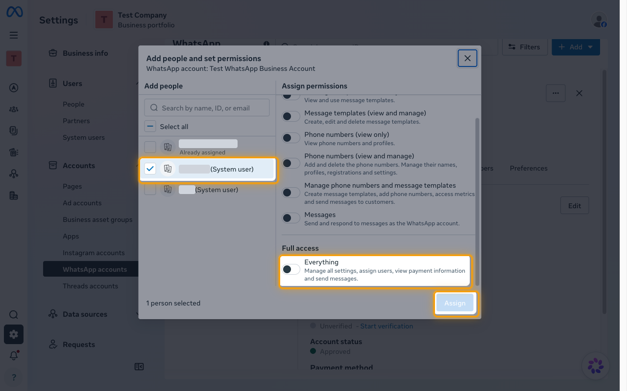 The Add people and set permissions dialog with a system user selected, the Everything toggle, and the Assign button highlighted