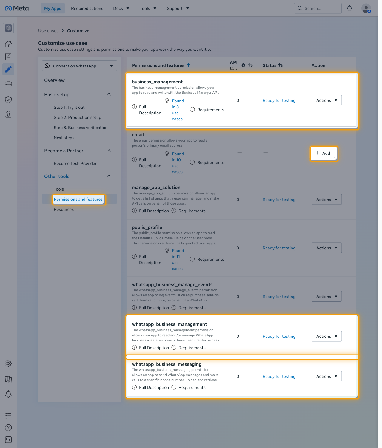 The Permissions and features page with the three required permissions, an Add button, and the menu item highlighted