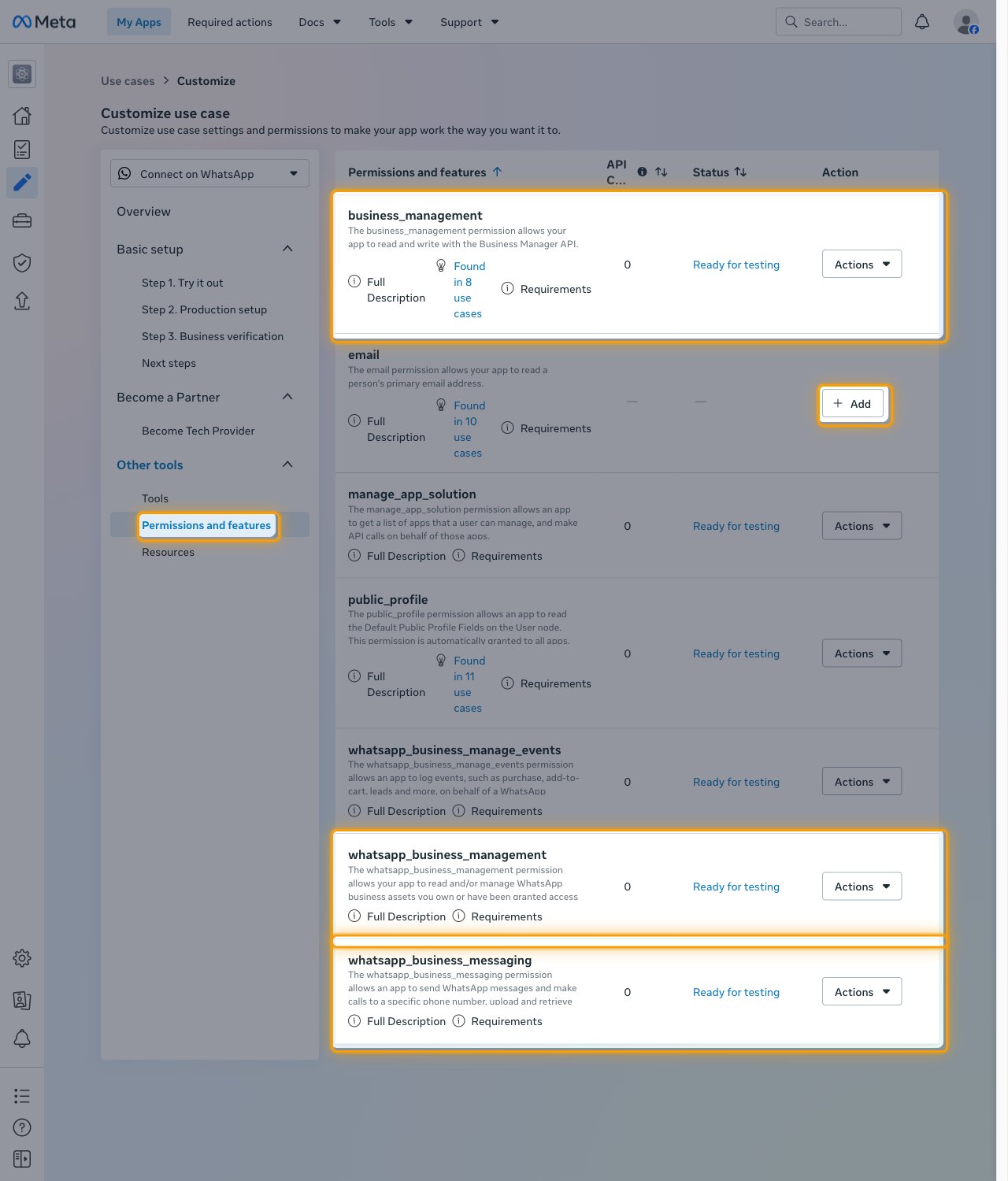 The Permissions and features page with the three required permissions, an Add button, and the menu item highlighted