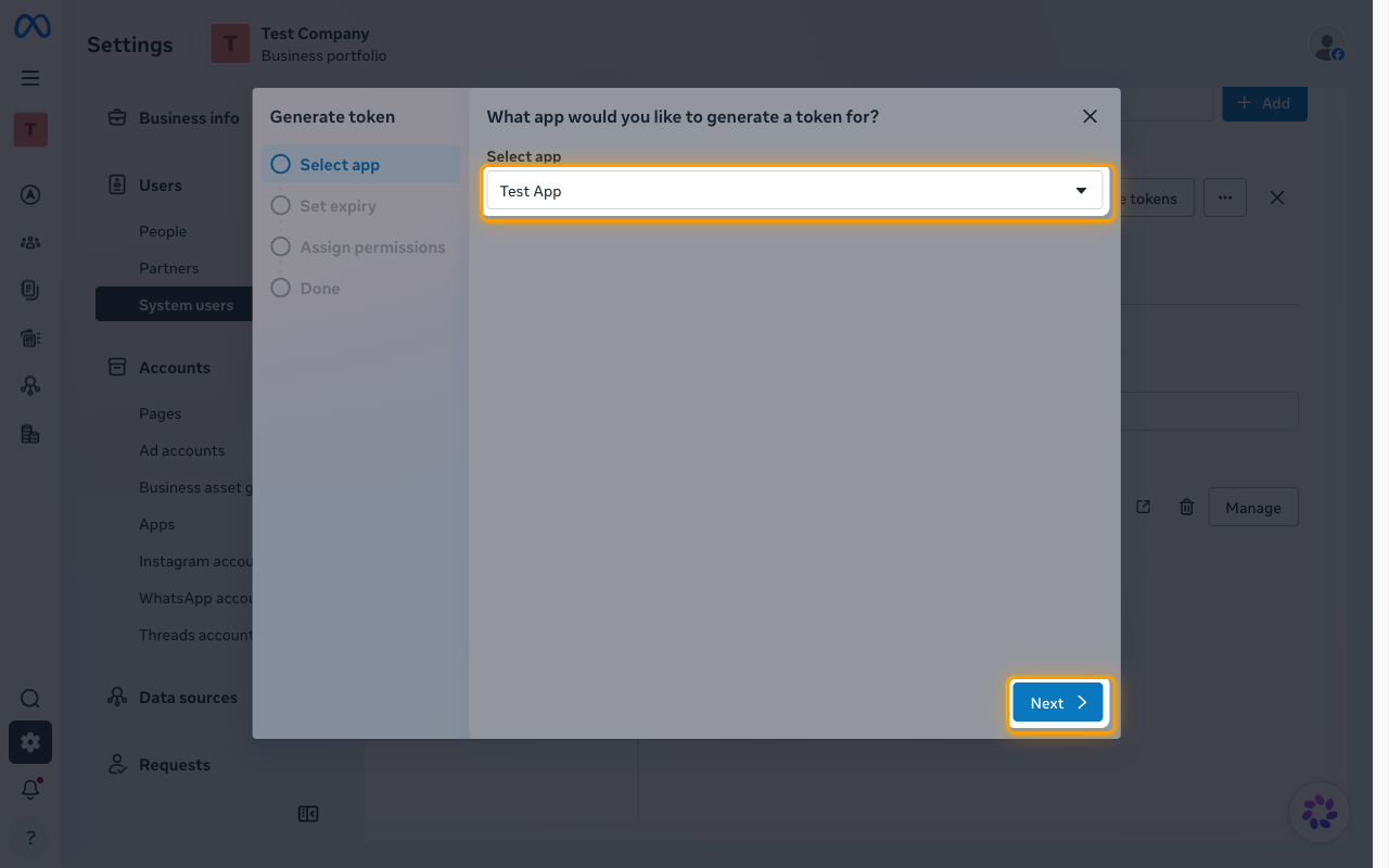 The Generate token dialog on the Select app step with the app selector and the Next button highlighted