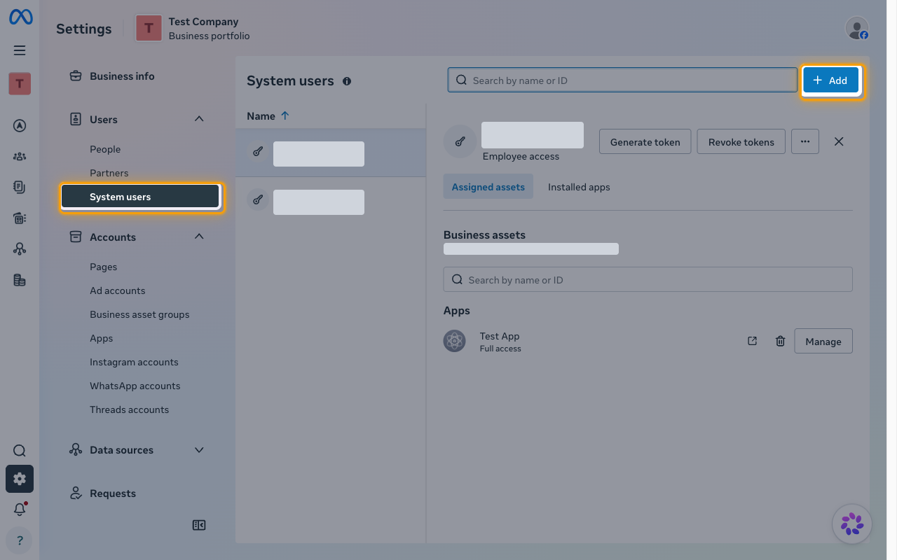 The System users page in Business Settings with System users and the Add button highlighted
