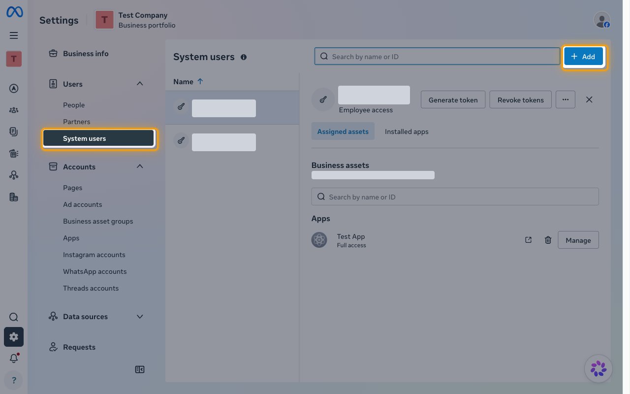 The System users page in Business Settings with System users and the Add button highlighted
