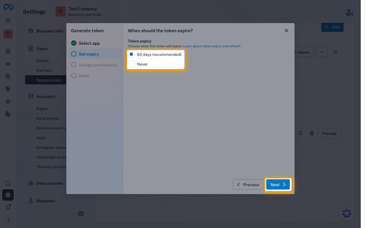 The Set expiry step with the 60 days and Never options and the Next button highlighted