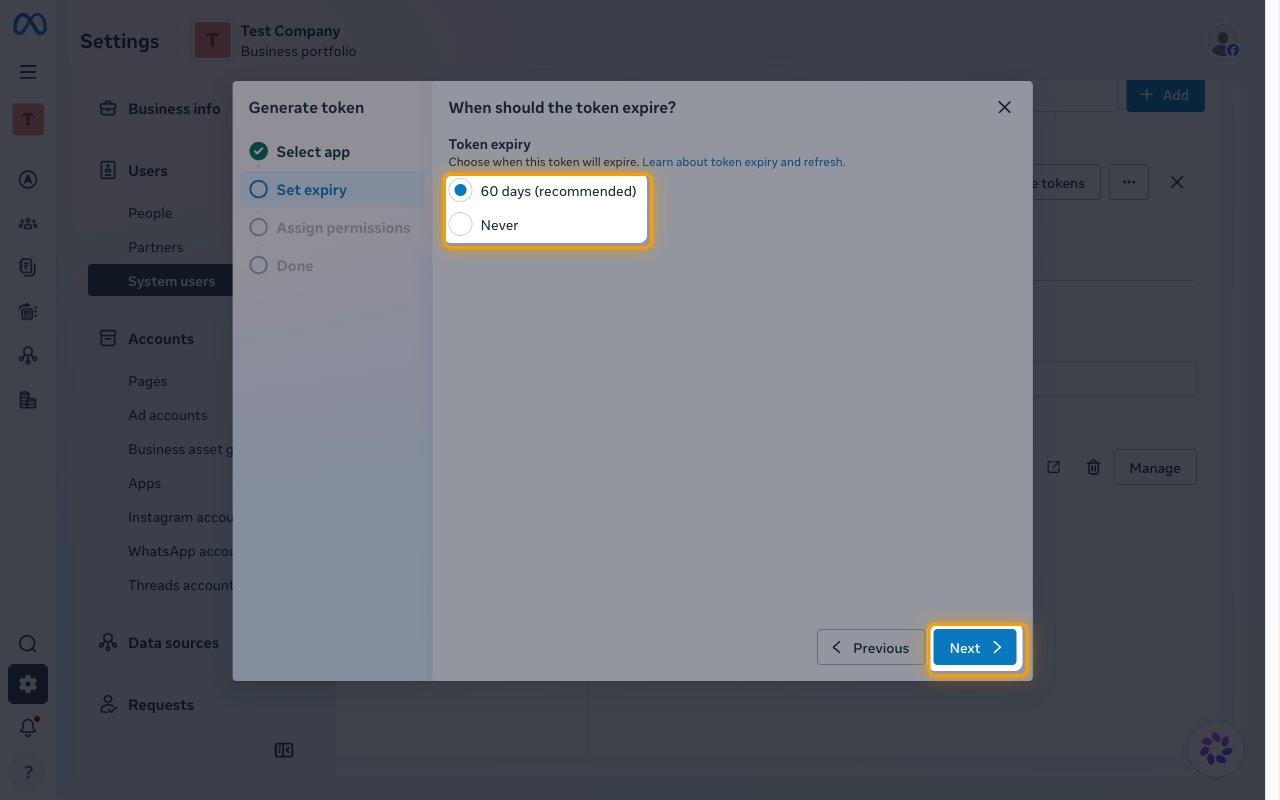 The Set expiry step with the 60 days and Never options and the Next button highlighted