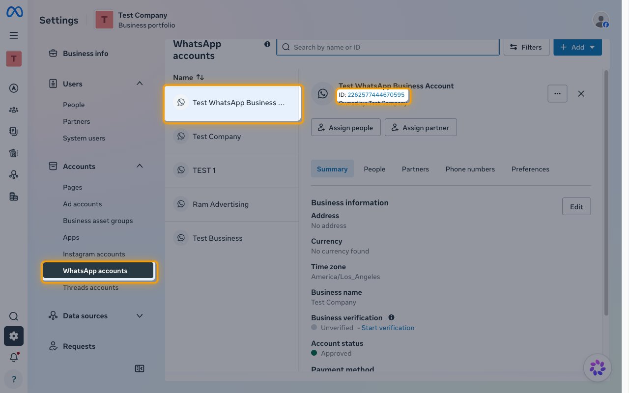 The WhatsApp accounts page with the menu item, the selected account, and its ID highlighted