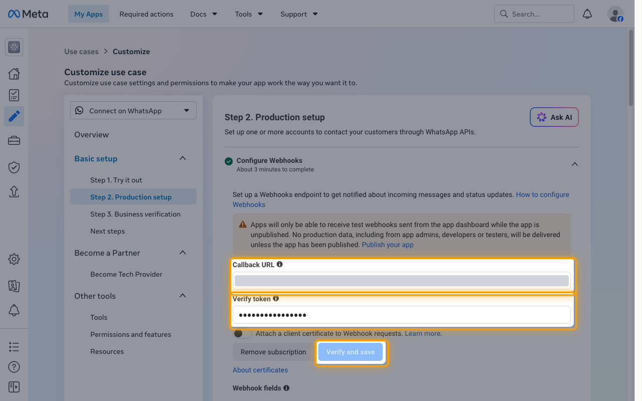 The Configure Webhooks section with the Callback URL and Verify token fields and the Verify and save button highlighted