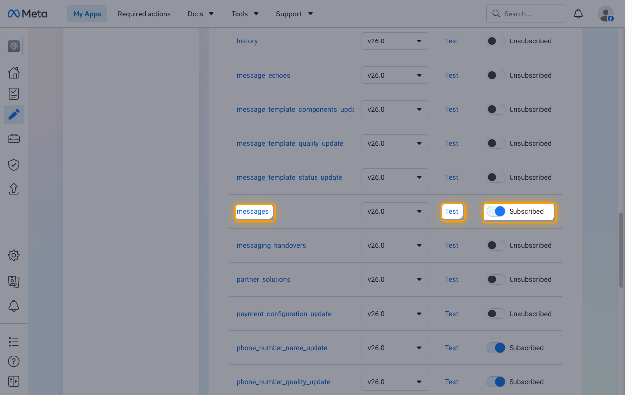 The Webhook fields table with the messages field, its Test link, and its Subscribed toggle highlighted
