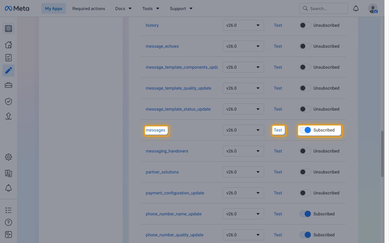 The Webhook fields table with the messages field, its Test link, and its Subscribed toggle highlighted
