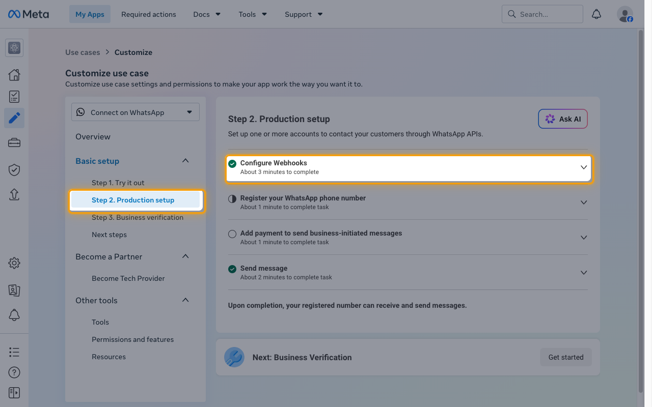 The Step 2 Production setup page with the menu item and the Configure Webhooks section highlighted