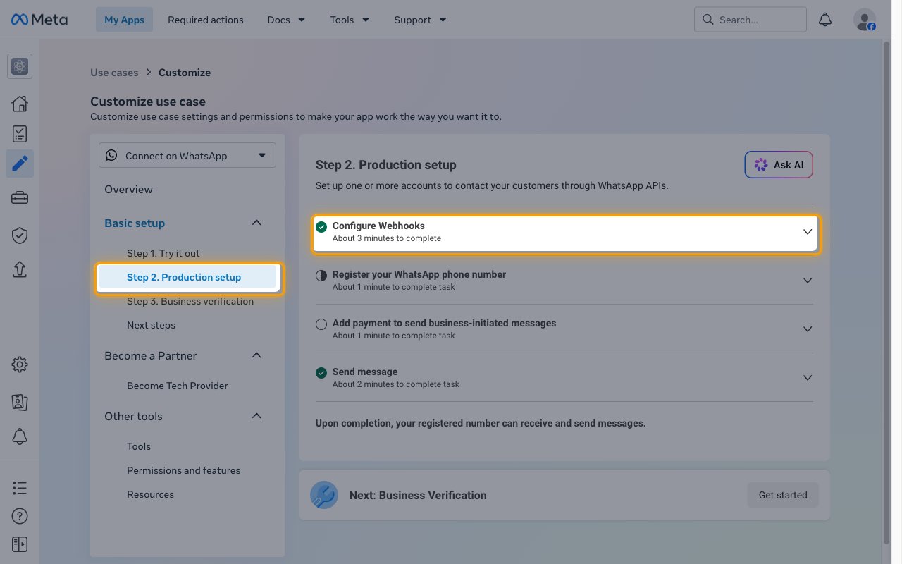 The Step 2 Production setup page with the menu item and the Configure Webhooks section highlighted