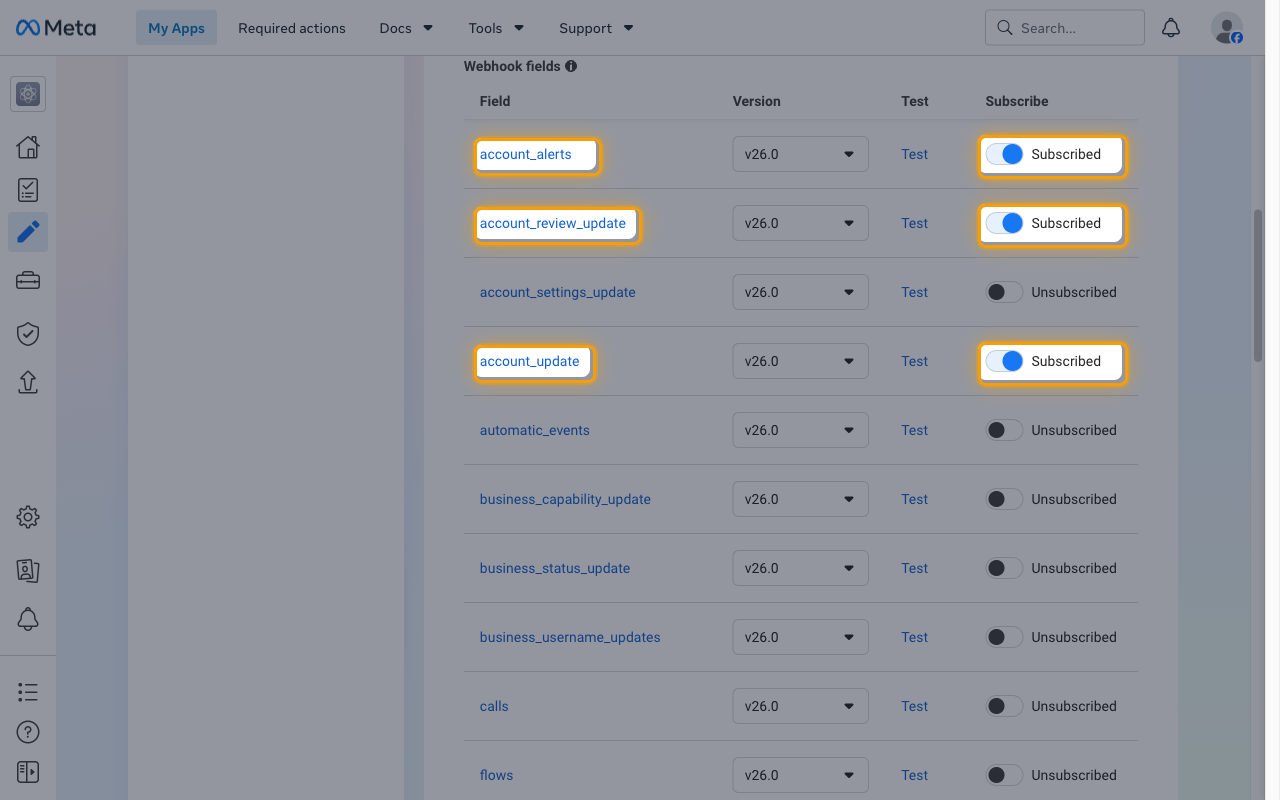 The Webhook fields table with the account_alerts, account_review_update, and account_update fields subscribed and highlighted
