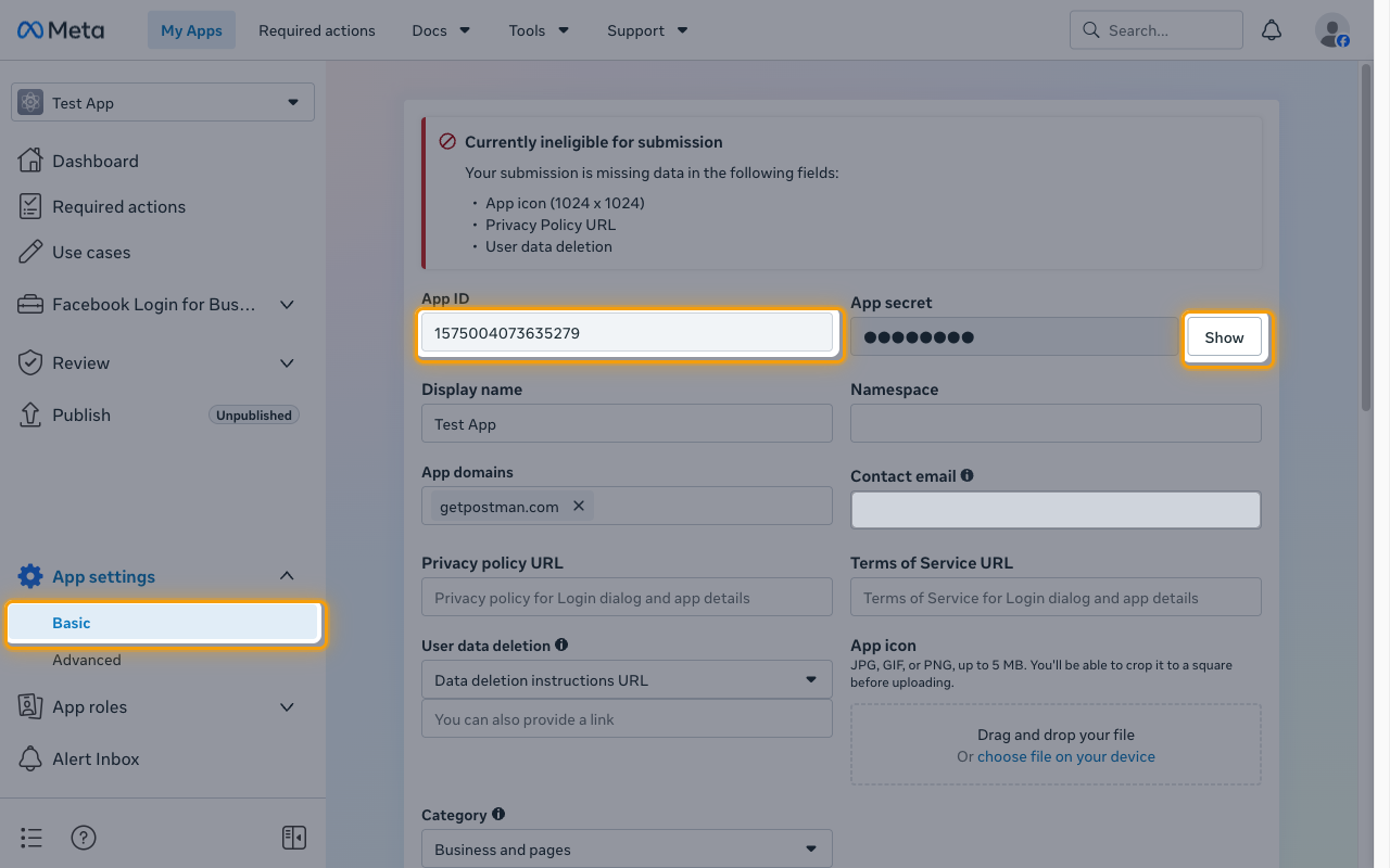 The Basic app settings page with Basic, the App ID field, and the App secret Show button highlighted
