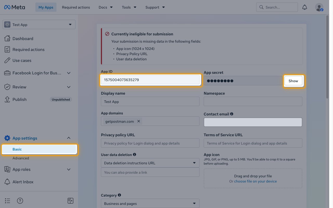 The Basic app settings page with Basic, the App ID field, and the App secret Show button highlighted