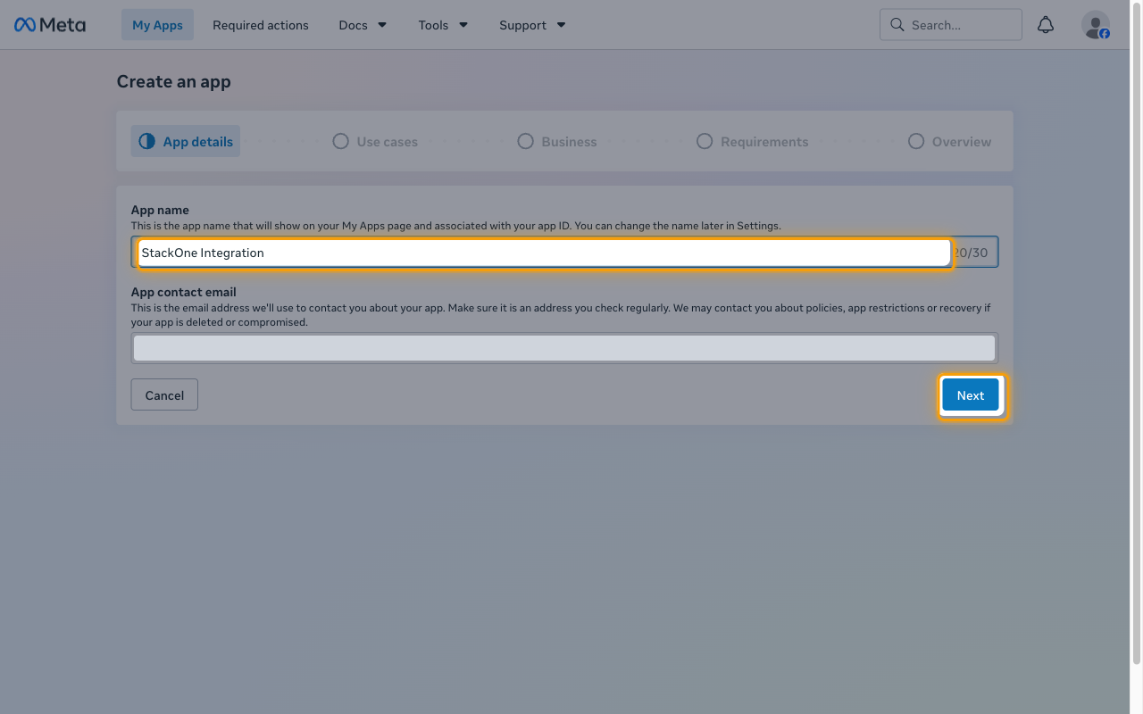 The App details step with the App name field and the Next button highlighted