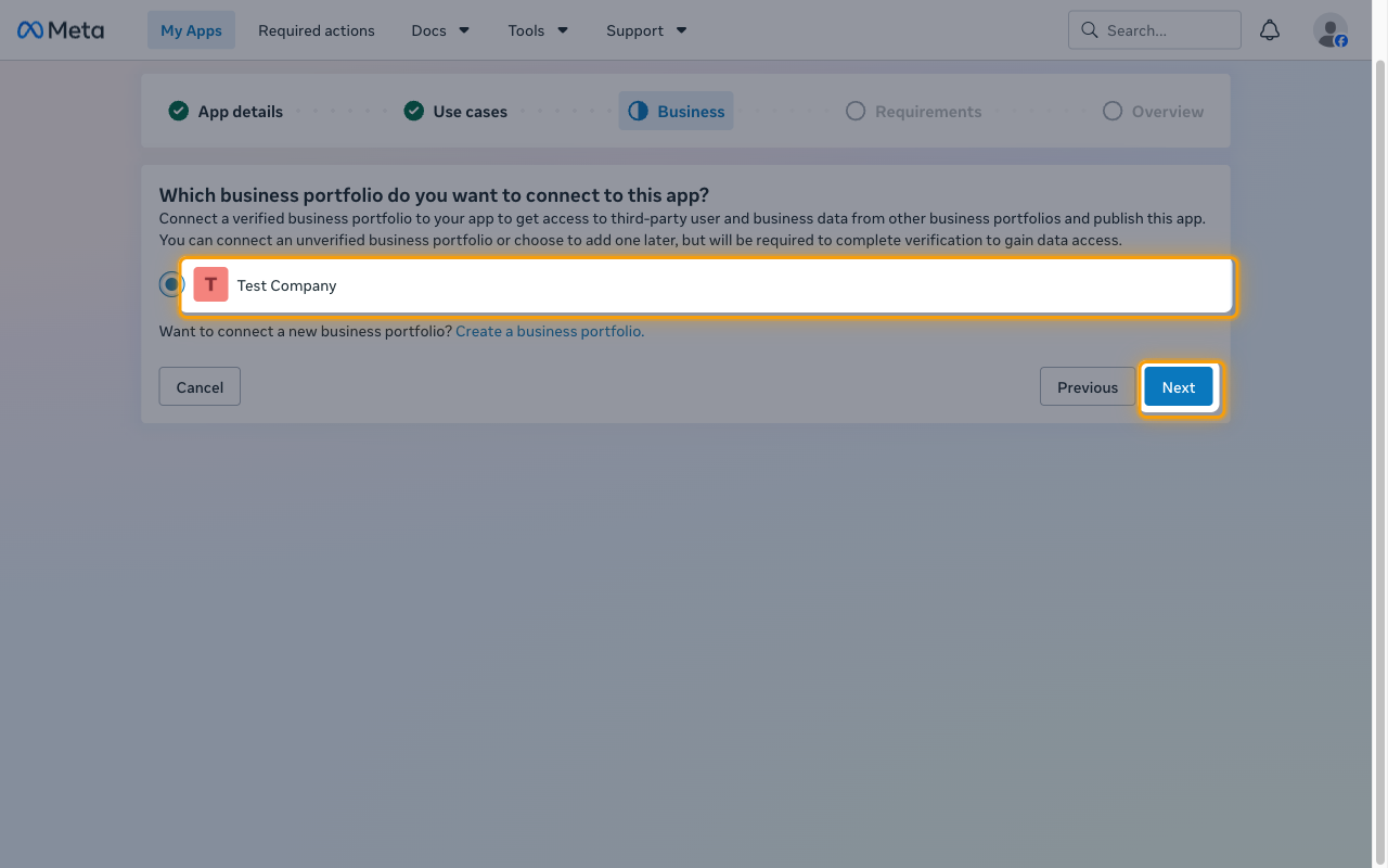 The business portfolio step with a portfolio selected and the Next button highlighted