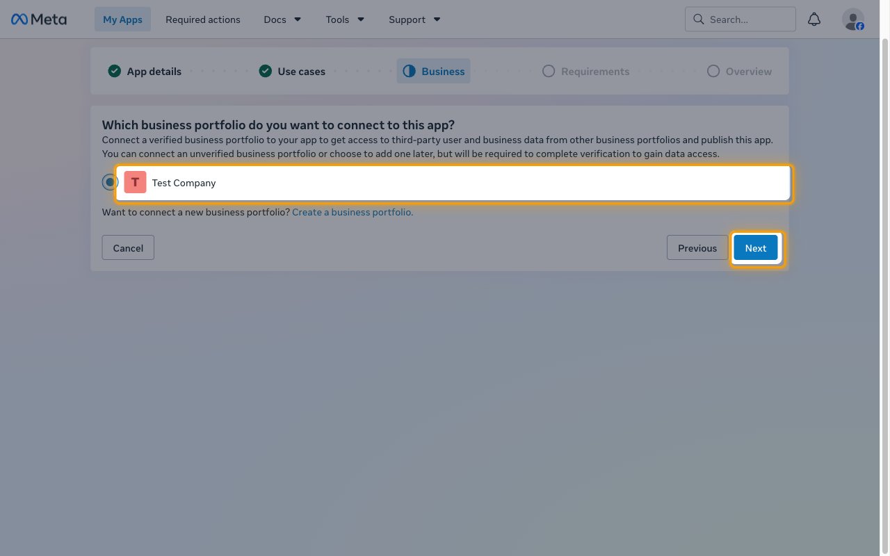 The business portfolio step with a portfolio selected and the Next button highlighted